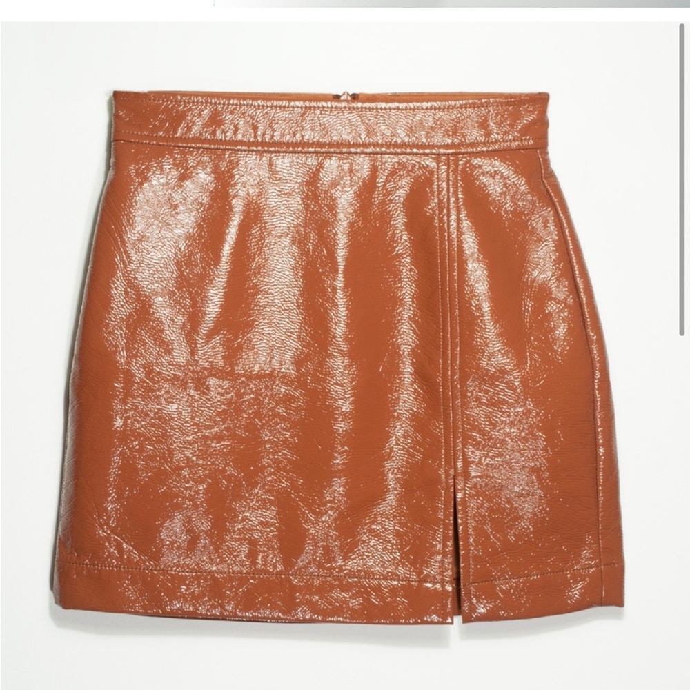 Aritzia Wilfred Tempest Faux Vegan Patent Leather Mini Skirt Brown